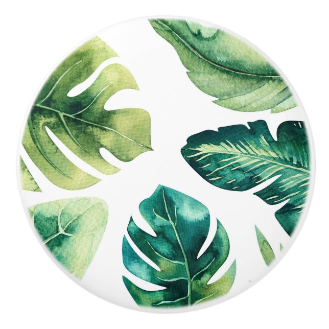 Green Tropical Leaves White Summer Paradise Ceramic Knob (Front)