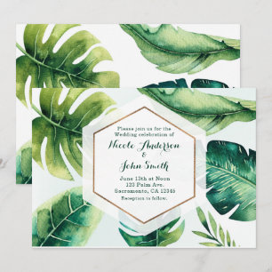 Green Tropical Leaves White Wedding Invitations