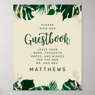 Green Tropical Leaves with Gold Guestbook Sign