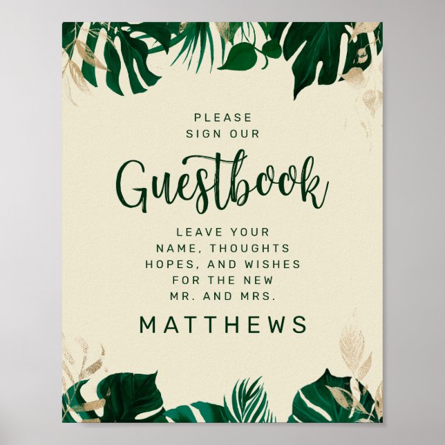 Green Tropical Leaves with Gold Guestbook Sign (Front)
