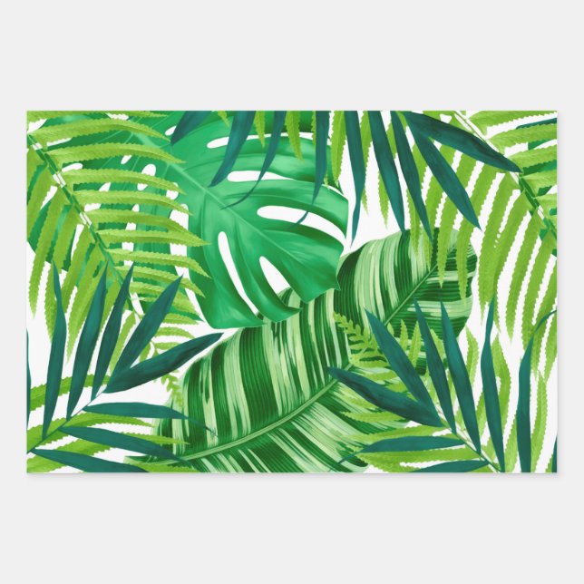Green Tropical Leaves Wrapping Paper Sheet (Front)