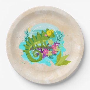 Green Tropical Lizard with Flowers Paper Plate