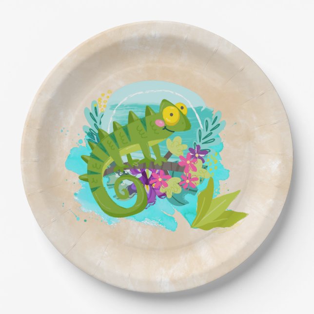 Green Tropical Lizard with Flowers Paper Plate (Front)