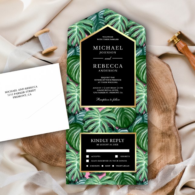 Green Tropical Monstera Leaves Black Gold Wedding All In One Invitation (Creator Uploaded)