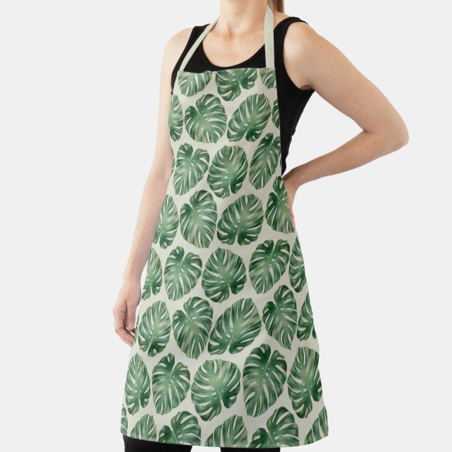 Green Tropical Monstera Leaves Pattern Apron (Insitu)