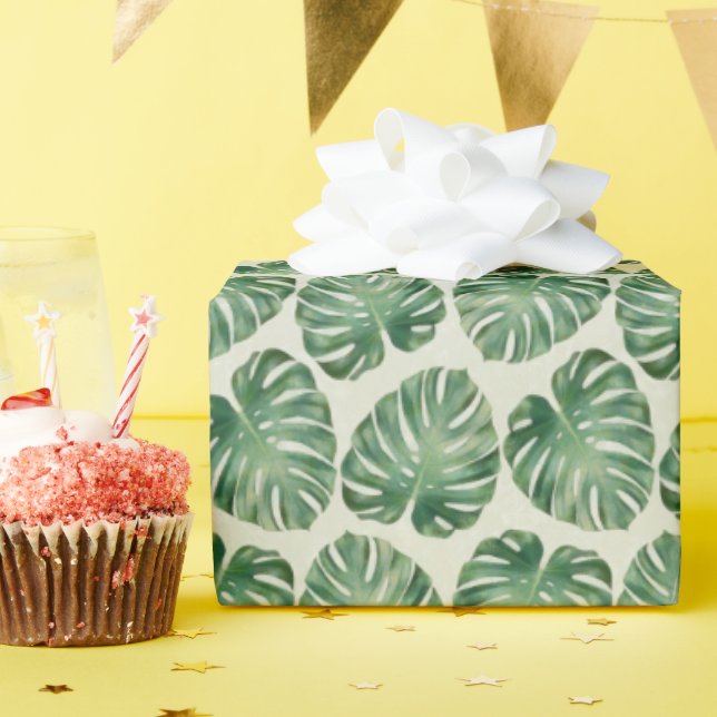 Green Tropical Monstera Leaves Pattern Wrapping Paper (Birthday Party)