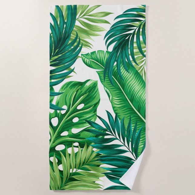 Green Tropical Palm Banana Monstera Leaves Beach Towel (Front)