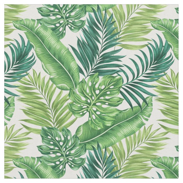 Green Tropical Palm Banana Monstera Leaves Fabric (Close Up)