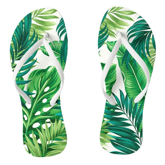 Green Tropical Palm Banana Monstera Leaves Flip Flops (Footbed)