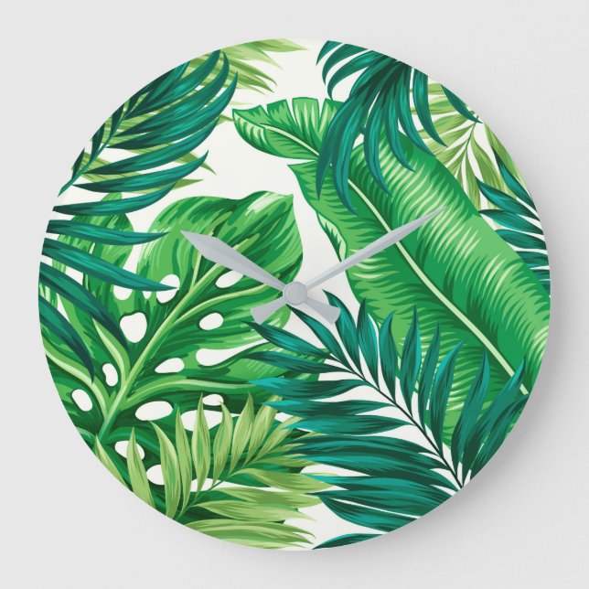 Green Tropical Palm Banana Monstera Leaves Large Clock (Front)