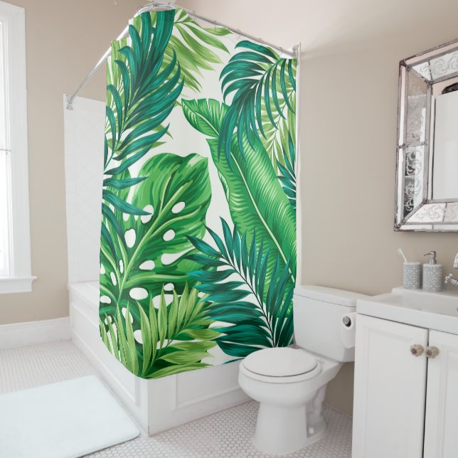 Green Tropical Palm Banana Monstera Leaves  Shower Curtain (In Situ)