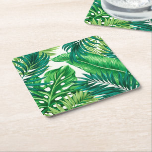 Green Tropical Palm Banana Monstera Leaves Square Paper Coaster