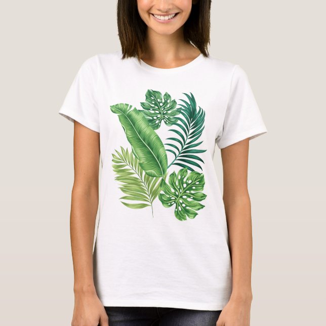 Green Tropical Palm Banana Monstera Leaves T-Shirt (Front)
