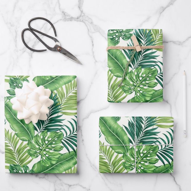 Green Tropical Palm Banana Monstera Leaves Wrapping Paper Sheet (Front)