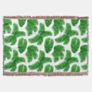 Green Tropical Palm Fronds on White Throw Blanket