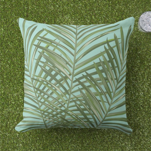 Green Tropical Palm Leaves Aqua Blue Cushion (Grass)