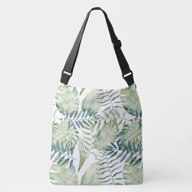 Green Tropical Palm Leaves Crossbody Bag (Front)