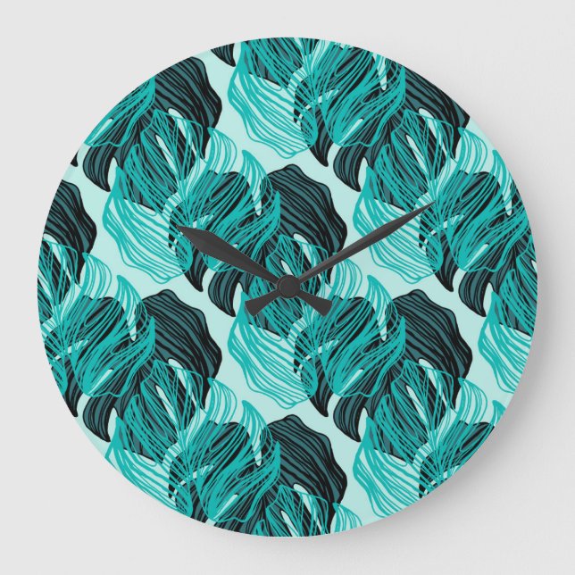 Green tropical palm leaves design. large clock (Front)