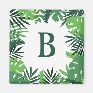 Green tropical palm leaves floral monogram letter magnet