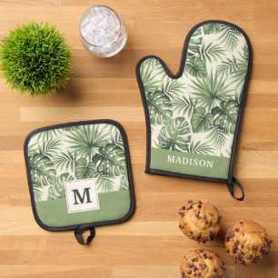 Green Tropical Palm Leaves Pattern Oven Mitt & Pot Holder Set