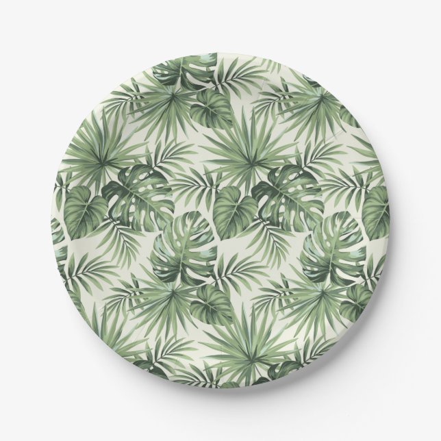 Green Tropical Palm Leaves Pattern Paper Plate (Front)