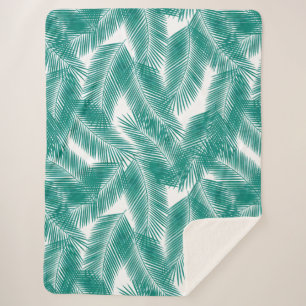 Green Tropical Palm Leaves Pattern Sherpa Blanket