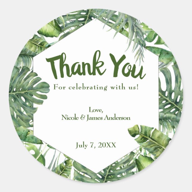 Green Tropical Palm Leaves Summer Island Wedding Classic Round Sticker (Front)