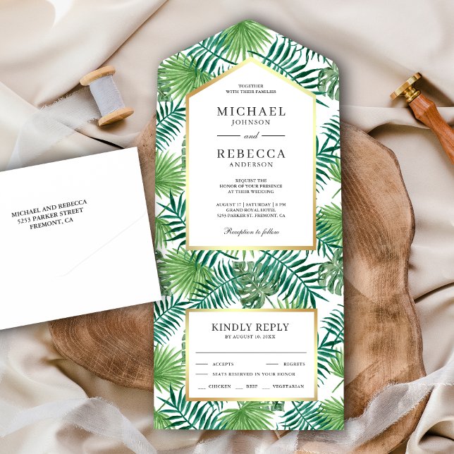 Green Tropical Palm Leaves Wedding All In One Invitation (Creator Uploaded)