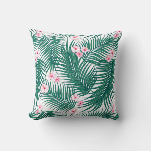 Green Tropical Palm Leaves with Hibiscus Flowers Cushion