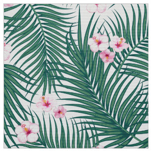 Green Tropical Palm Leaves with Hibiscus Flowers Fabric