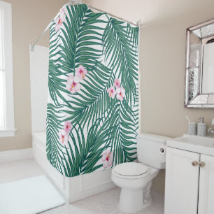 Green Tropical Palm Leaves with Hibiscus Flowers Shower Curtain