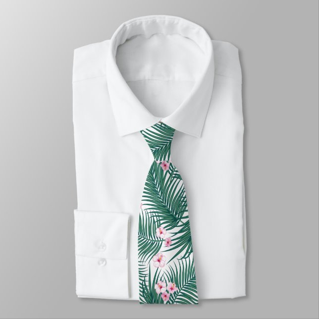 Green Tropical Palm Leaves with Hibiscus Flowers   Tie (Tied)