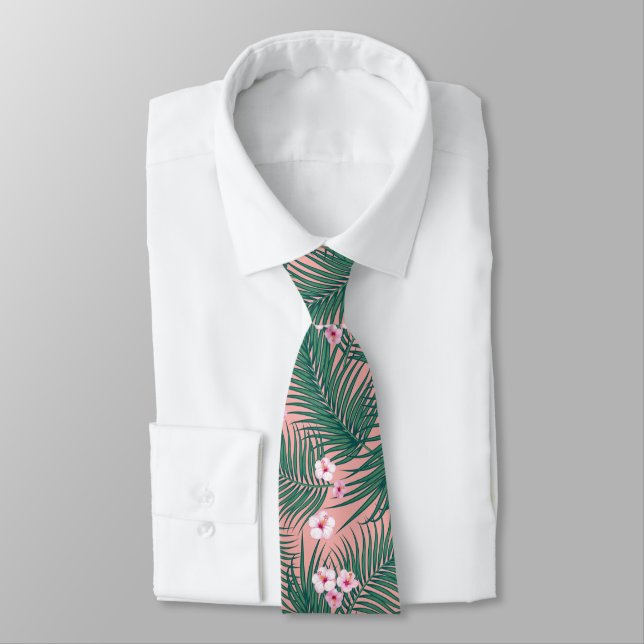 Green Tropical Palm Leaves with Hibiscus Flowers   Tie (Tied)
