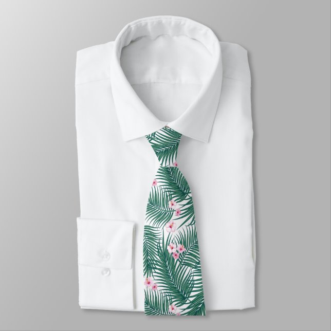 Green Tropical Palm Leaves with Hibiscus Flowers   Tie (Tied)