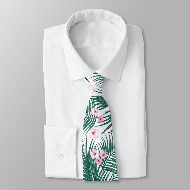 Green Tropical Palm Leaves with Hibiscus Flowers   Tie (Tied)