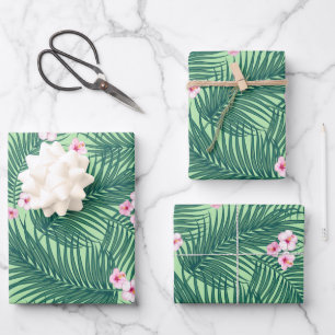 Green Tropical Palm Leaves with Hibiscus Flowers Wrapping Paper Sheet
