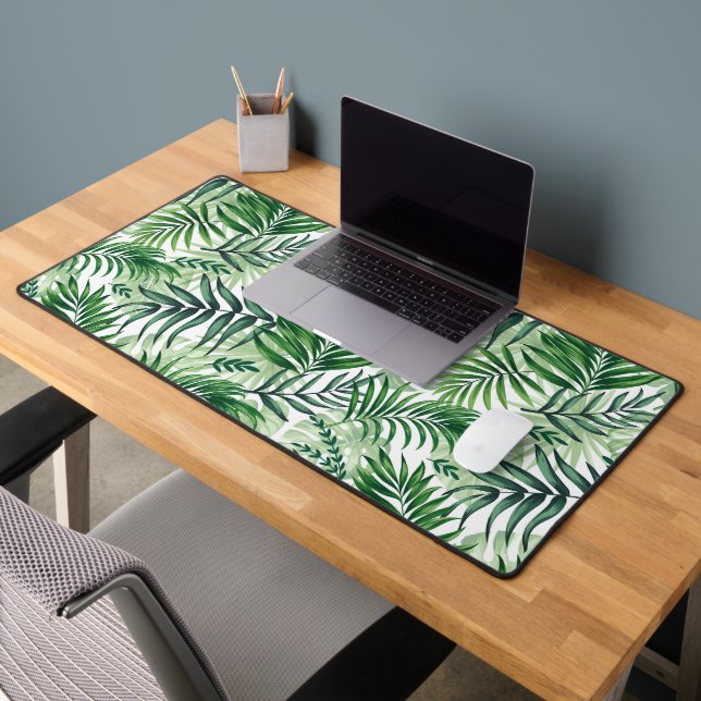 Green Tropical Palm & Monstera Leaves Desk Mat (Office 2)