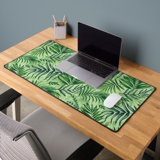 Green Tropical Palm & Monstera Leaves Desk Mat (Office 2)