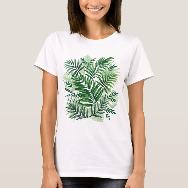 Green Tropical Palm & Monstera Leaves T-Shirt (Front)