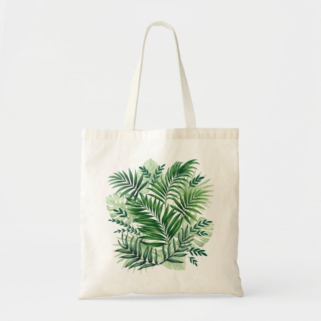 Green Tropical Palm & Monstera Leaves Tote Bag (Front)