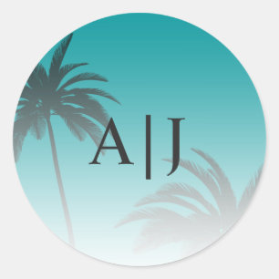 Green Tropical Palm Tree Beach Monogram Wedding Classic Round Sticker