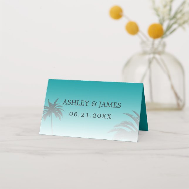 Green Tropical Palm Tree Beach Wedding Place Card (Front)