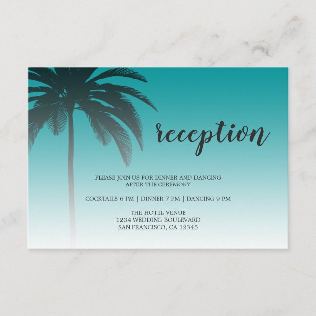 Green Tropical Palm Tree Beach Wedding Reception Enclosure Card (Front)