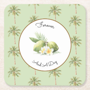 Green Tropical Palm Tree Wedding Square Paper Coaster