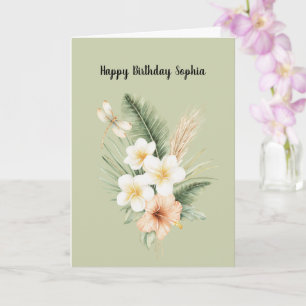 Green Tropical Peach Hibiscus Dragonfly Birthday Card