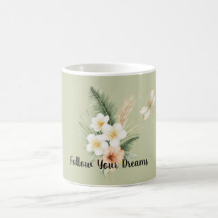 Green Tropical Peach Hibiscus Plumeria Dragonfly Coffee Mug