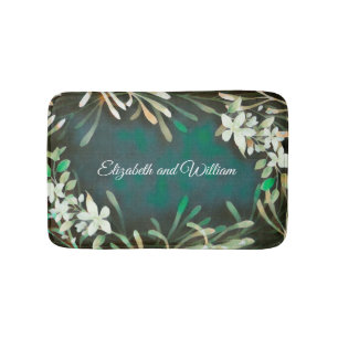 Green tropical plants botanical customisable text  bath mat