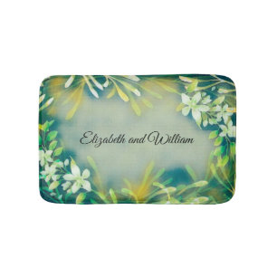 Green tropical plants botanical customisable text bath mat