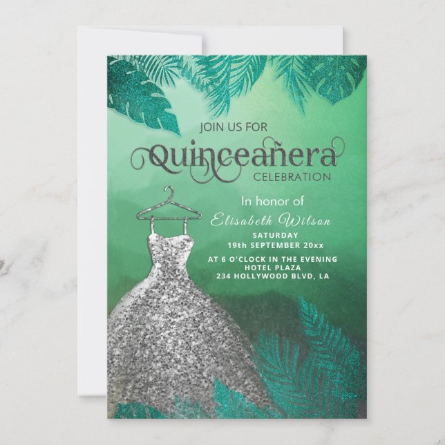 Green tropical summer silver dress Quinceañera  Invitation (Front)