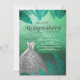 Green tropical summer silver dress Quinceañera  Invitation